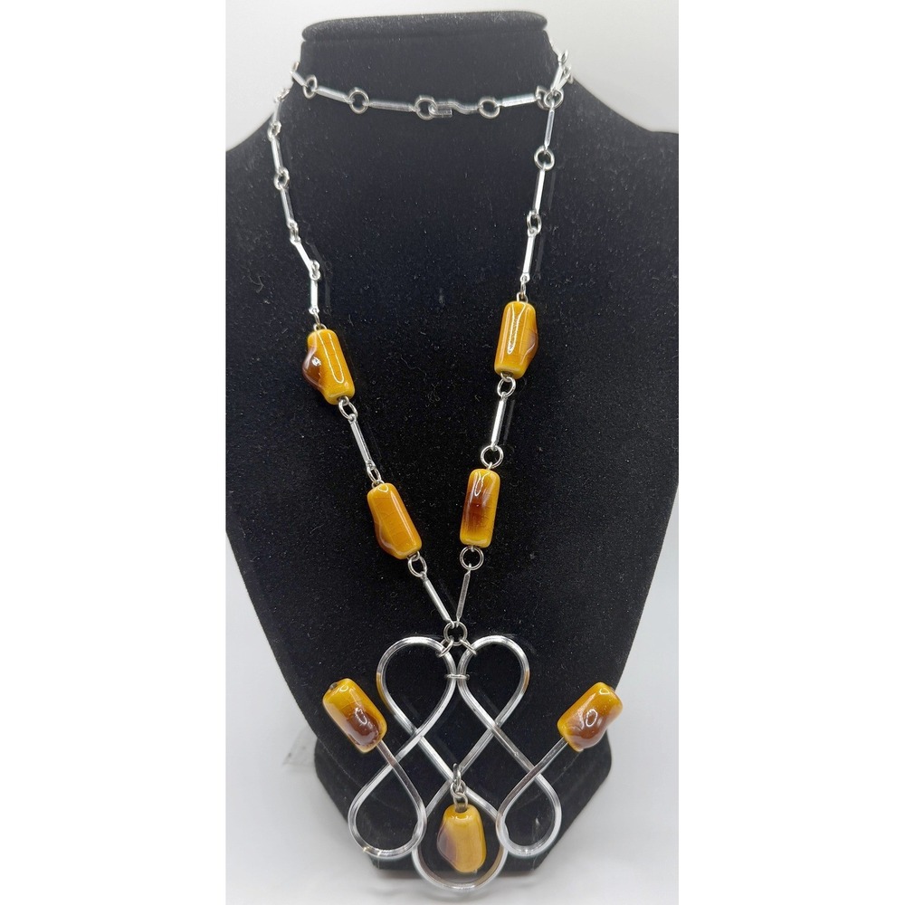 Silver Tone Modern‎ Statement Necklace Amber Beads Sculptural Pendant 28"
